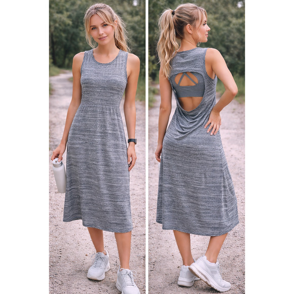 Fabletics Dresses & Skirts - Fabletics Open Back Athletic Dress Gray Midi Tenniscore Athleisure Clean Girl  L